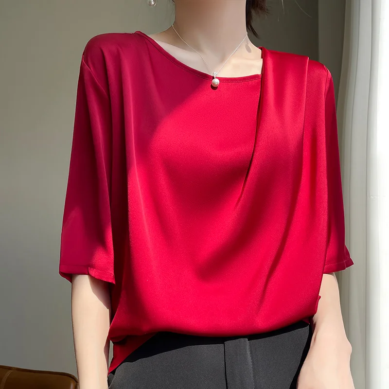 2024 Summer New Ice Silk Short-sleeved T-shirt Women\'s Thin Ice Silk Top Solid Color Satin Loose Short-sleeved Shirt