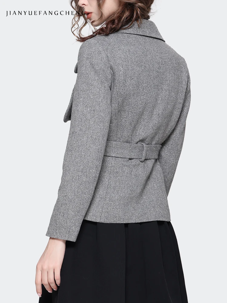 Fashion Big Suit Collar Women\'s Grey Woolen Blazer With Belt Elegant Slim Autumn Winter Female Jacket Coat Casual Working Tops