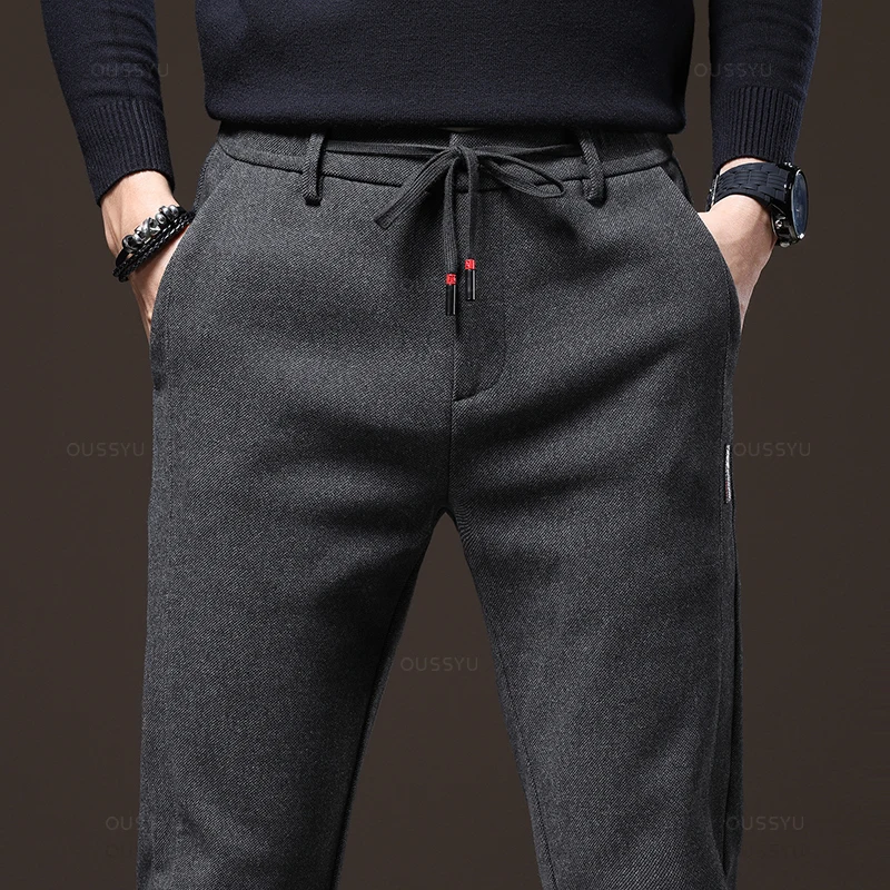 Pantalones informales de lana para hombre, pantalón grueso de algodón con cordón, cintura elástica, terciopelo, negocios al aire libre, Invierno