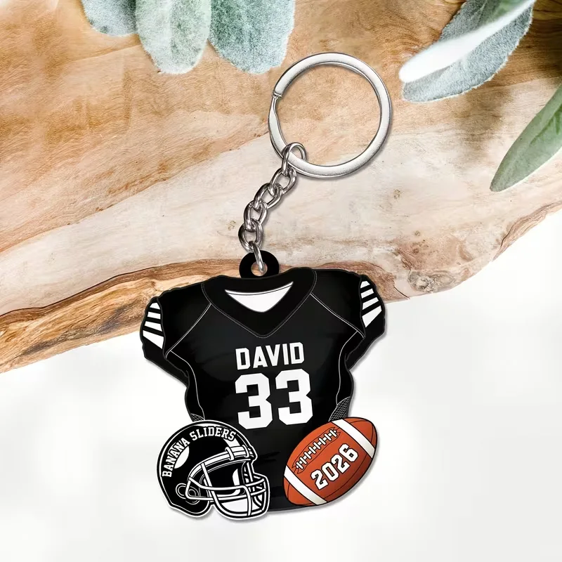 Auxauxme Personalized Custom American Football Jersey Keychain Stainless Steel Engrave Color Photo Name Number Key Ring Gifts