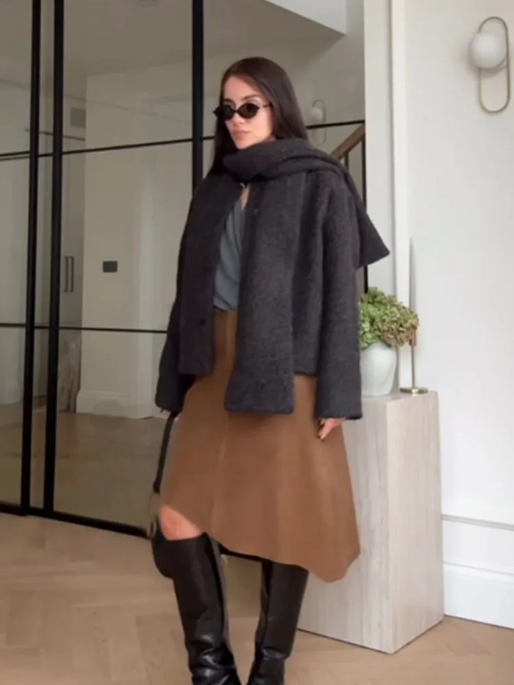 

HH Women’S Bouclé Fabric Scarf Collar Single Breasted Casual Long Sleeves Loose Short Autumn Fashion Street Style Coat