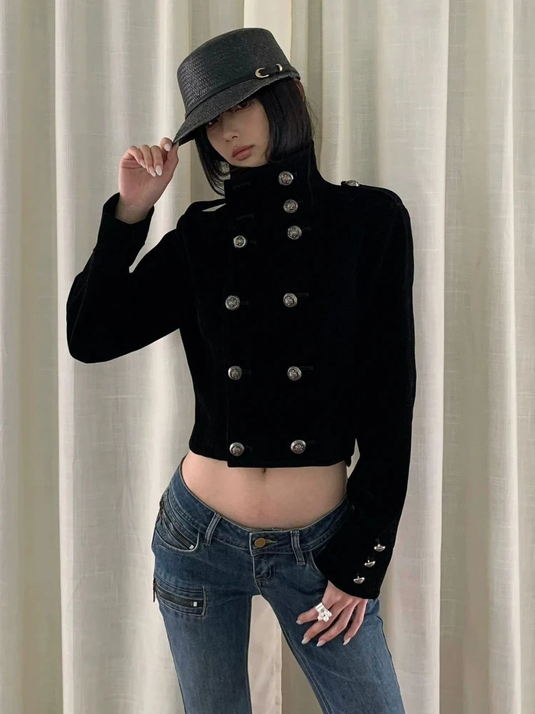 Subculture Y2k Vintage Long Sleeve Cropped Jacket Women Streetwear American Retro Bodycon Outerwear Double Breasted 2026