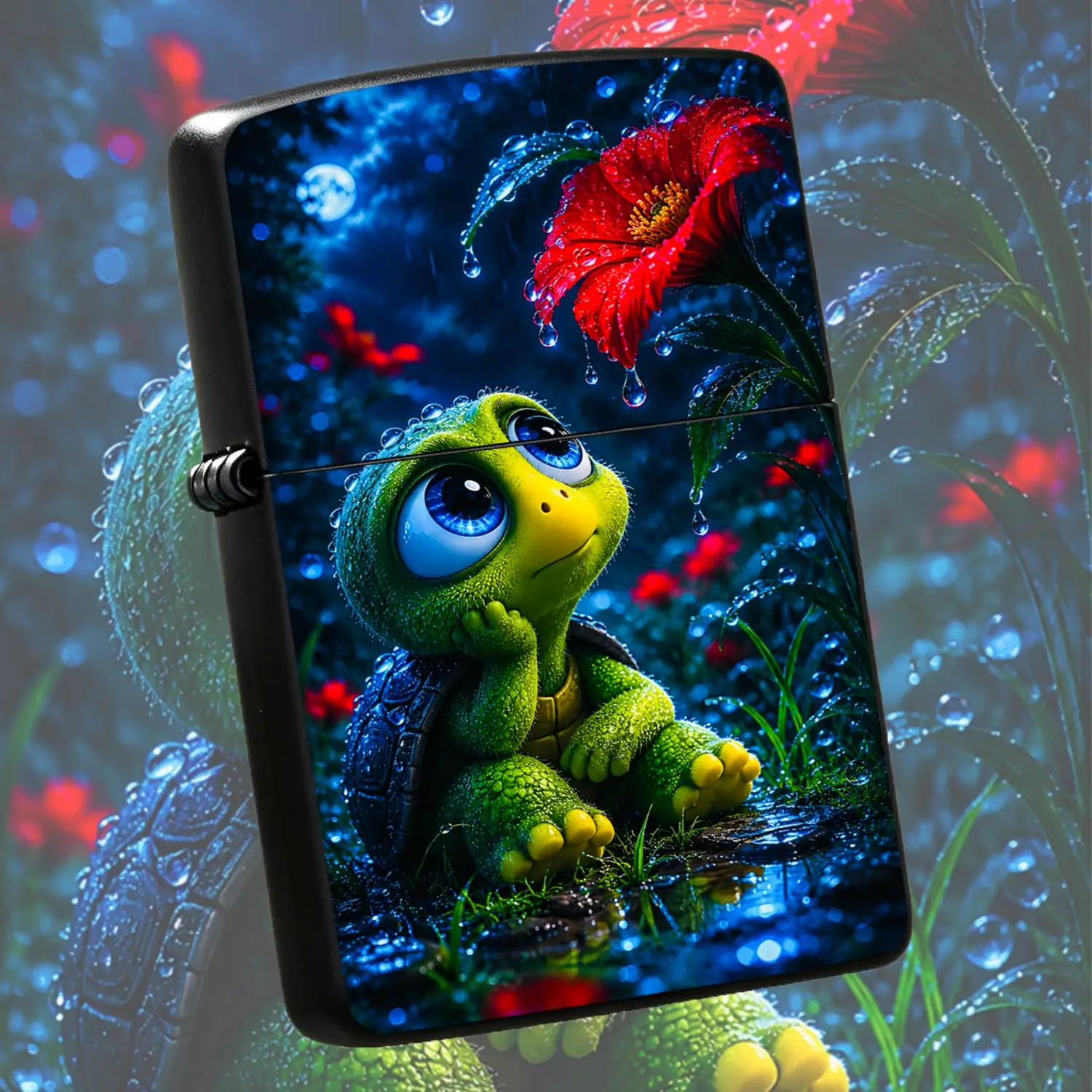 Cute Rainy Night Turtle Flower Pattern Lighter, Adorable Whimsical Night Scene Portable Igniter, Delicate Wet Glowing Decor, Ideal For Daily Carry Outdoor Camping Home Decor, Thoughtful Unique Gi A Humorous And Interesting Lighter
