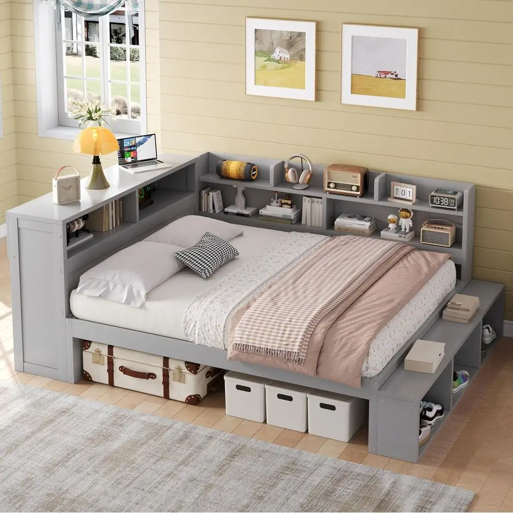 

L-Shaped Wood Daybed with Bookshelf, Shoe Rack, Underbed Storage, Charging Station - Gray, Suitable for Kids, Teens, Adults