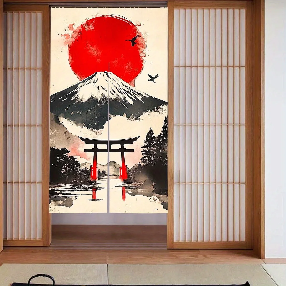 1pc Japanese Calligraphy Art Noren Door Curtain - Silvery Mount Fuji with Red Sun and Torii Gate Design, Faux Linen,Sateen Weave