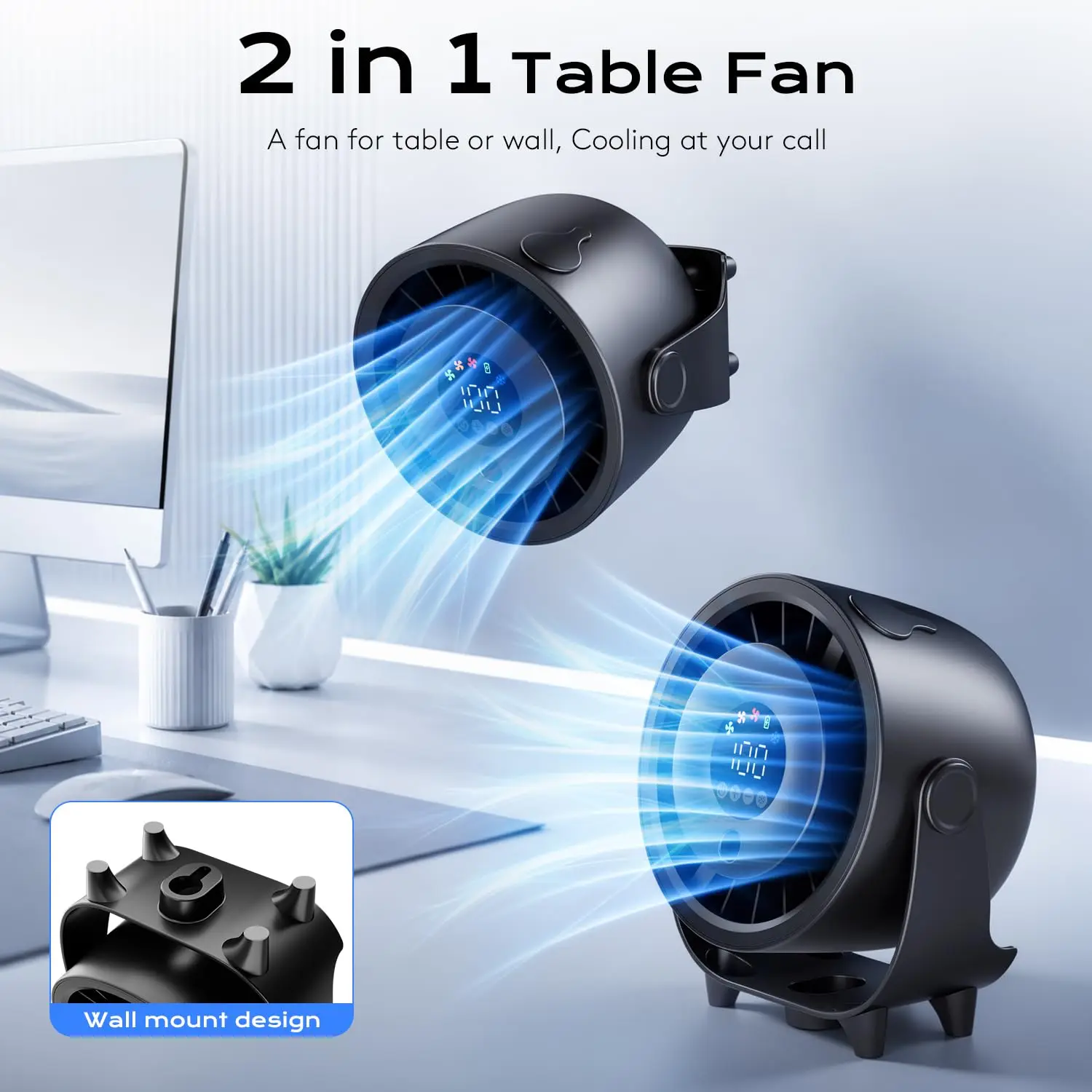 New Portable Misting Desk Fan, 100 Speeds Turbo Table Fan with Digital Display, 6.3 Inch USB Rechargeable Quiet Desktop Misting Fans for Bedroom Office Travel Kitchen Low Noise, 120° Rotating Wall-Mounted Design for Home, Office, Travel, Black