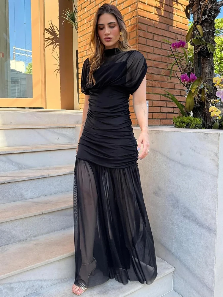 

Talenza Women Elegant Dress Fashion Mesh Patchwork Pleated See-Through Dress Luxurious High-Waisted Female Party Evening Dresses