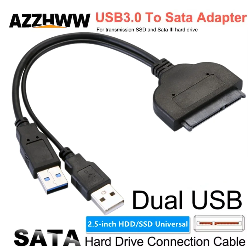 Dual USB to SATA Adapter SATA to USB 3.0 Cable Support 2.5 Inches External SSD HDD Hard Drive SATA 7+15 Pin Cable Up to 5 Gbps