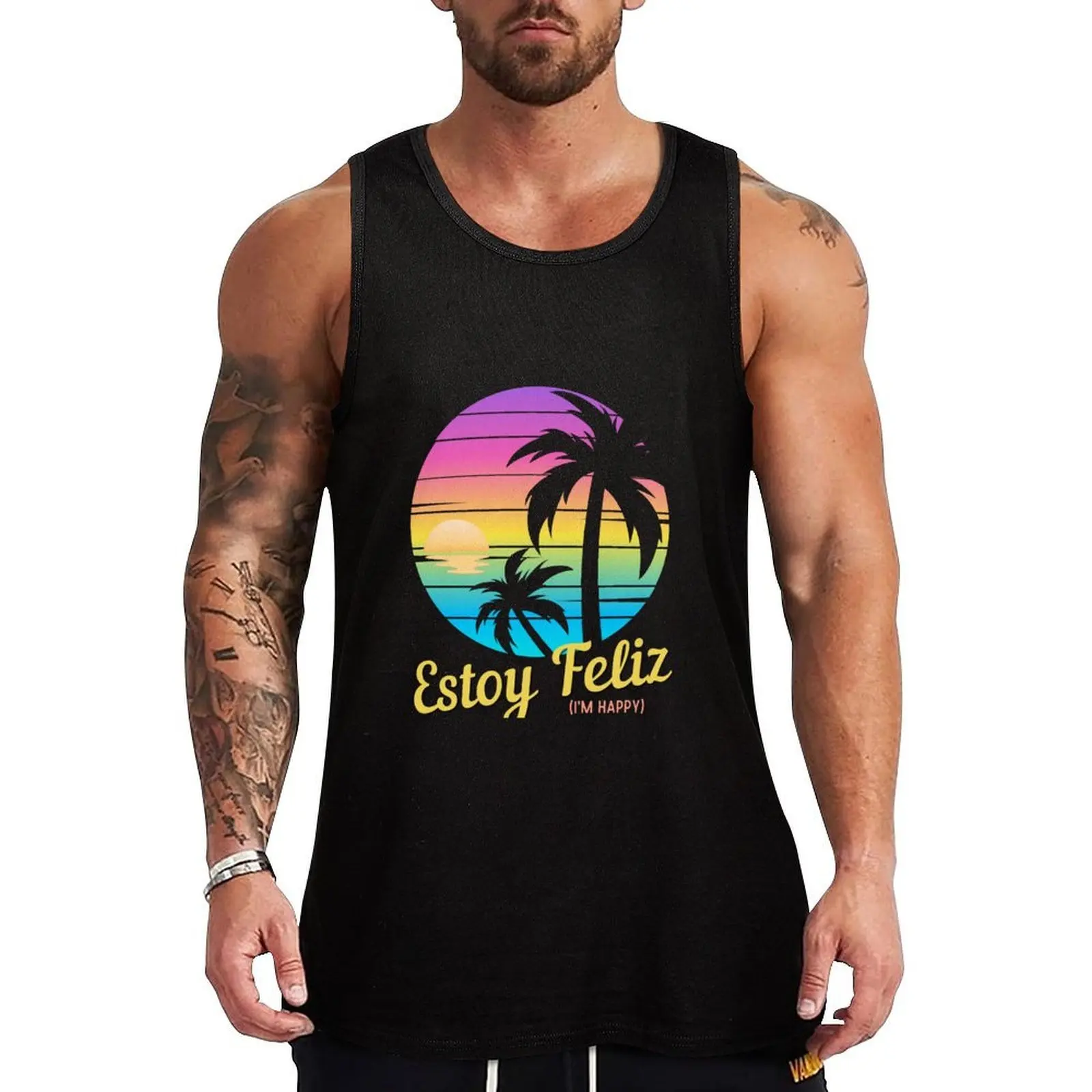 Estoy Feliz, I'm Happy, Spanish Sayings, Beautiful Sunset View Tank Top Fitness Gym Tank Top Camiseta ligera de secado rápido