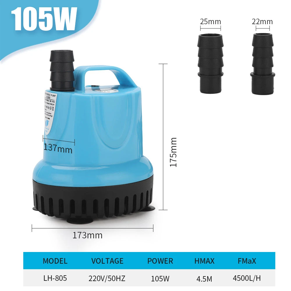 10/18/25/45/60/85/105W Dompelpomp Aquarium circulatiepomp Filter bodem zuigpomp Aquarium Waterpomp