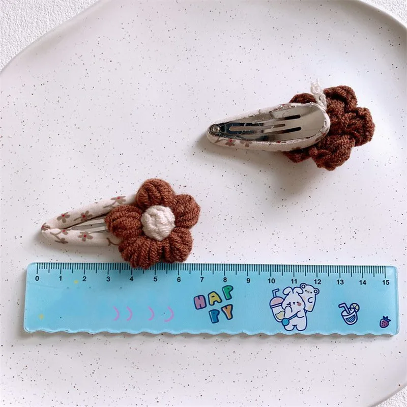 1Set Autumn Winter Bow Hair Clips 2024 New Knitted Flower Hairpins For Girls Coffee Color BB Clips Baby Hairclip Hair Accessorie