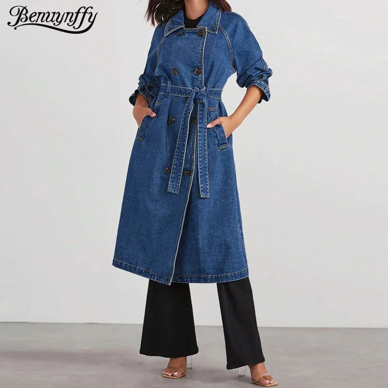 

Benuynffy Double Breasted Belted Denim Long Jacket Women's New 2025 Autumn Vintage Long Sleeve Loose Pocket Jean Jackets Woman
