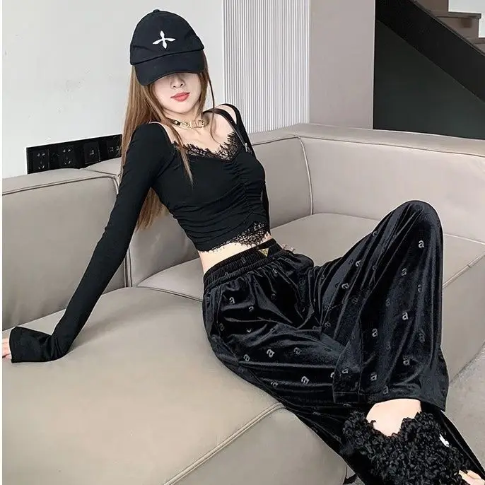 Autumn/Winter New Velvet A-line Printed Design High Waist Casual Straight Tube Drop Feel Casual Floor Dragging Wide Leg pant