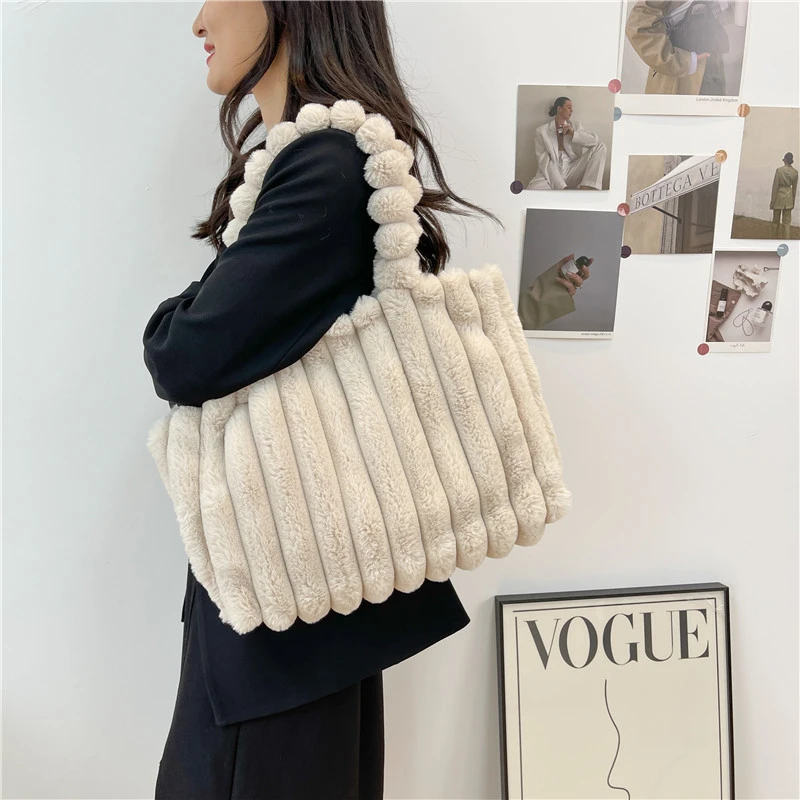 Faux Fur Soft Winter Tote Bag For Women Square Solid Striped Plush Handbag Woman Casual Large Shoulder Bag Cute Purse Female