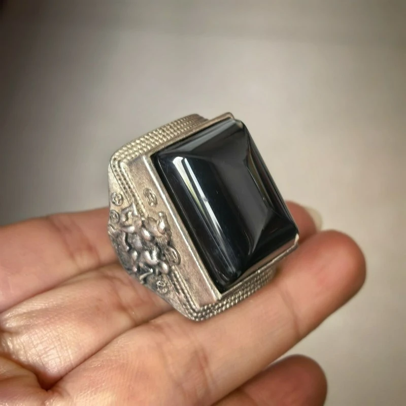 Vintage Tibetan Silver Temperature Color Changing Gem Ring, Retro Burnished Enamel Wealth Pattern Adjustable Ring