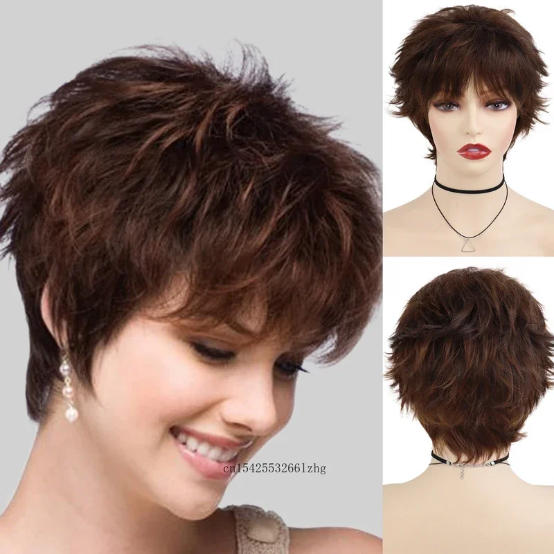 GNIMEGIL Synthetic Short Pixie Cut Hair Wigs for Women Natural Wave Hairstyle Fluffy Brown Female Wig Daily Cosplay Halloween