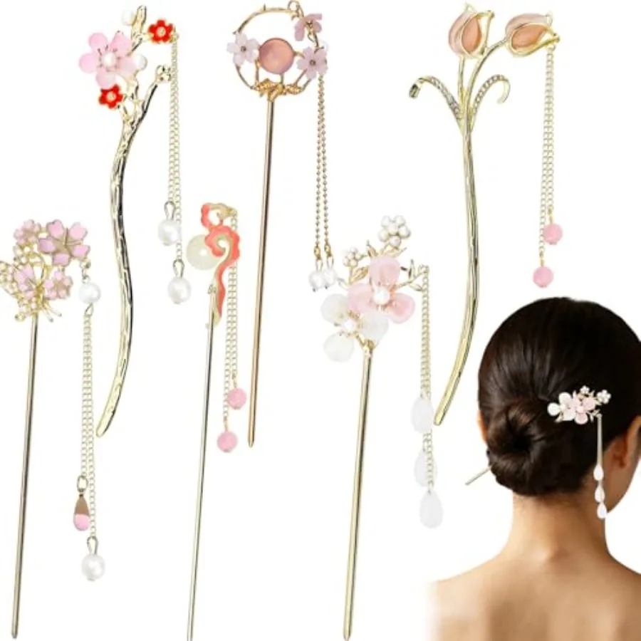 

Limited-time offer 6Pcs Chinese Hair Sticks Set Pink Chinese Hair Sticks with Pearl, Butterfly and Flower Design, Japanese Hair