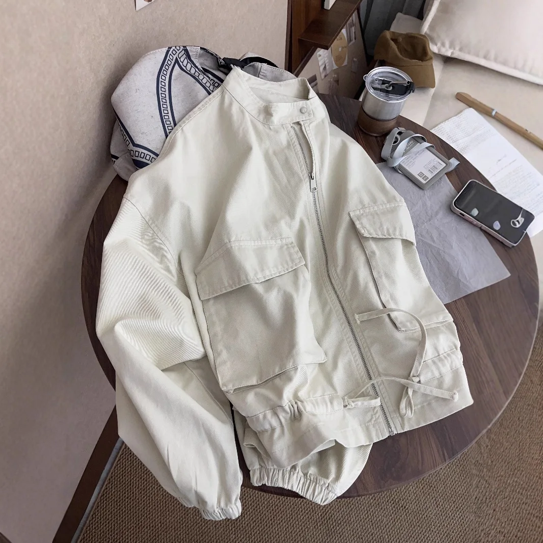 

Autumn Drawstring Stand Collar Long Sleeve Loose Slimming Casual Top Cargo Jacket For Women