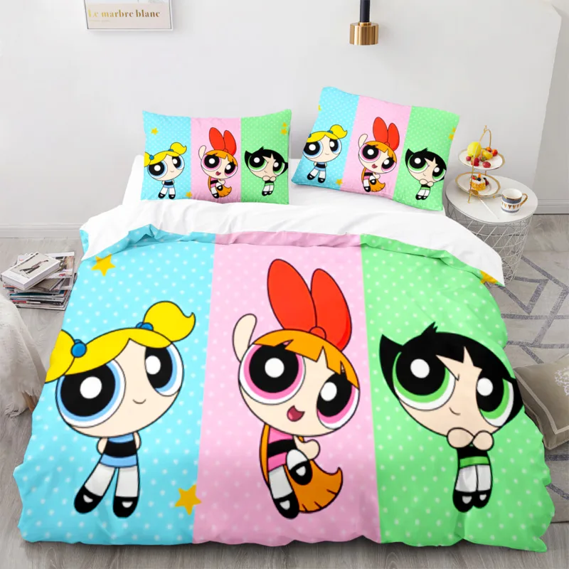 The Powerpuff Girls Bed Covers Bedding Set,Modern Printed 3-Piece Set Queen Comforter Sets Disney Princess Bed Linen