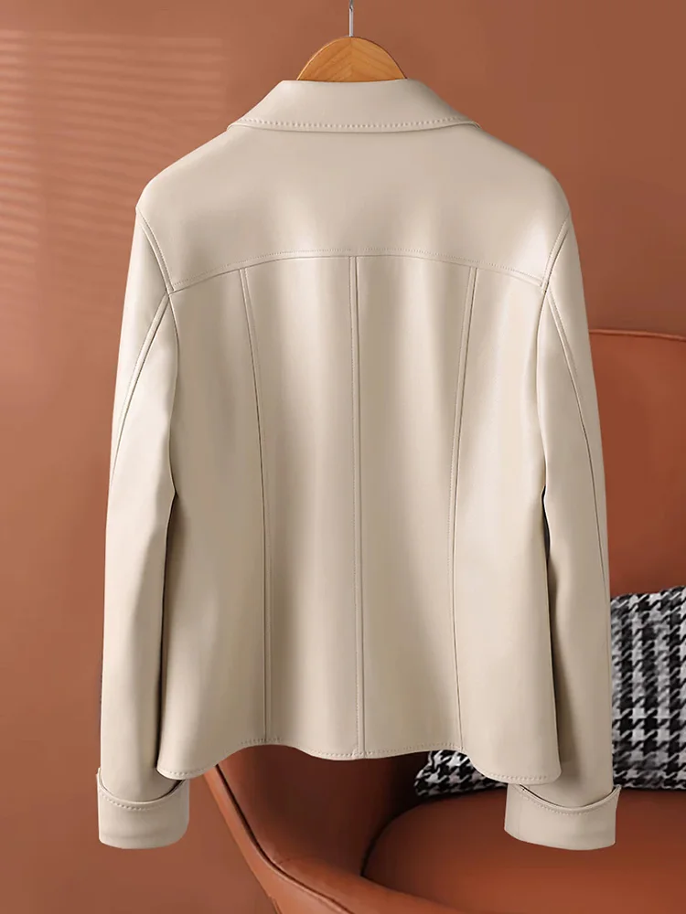 New Women Casual Split Leather Jacket Spring Autumn Fashion Turn-down Collar Single Breasted Loose Leather Coat Daily Jacket