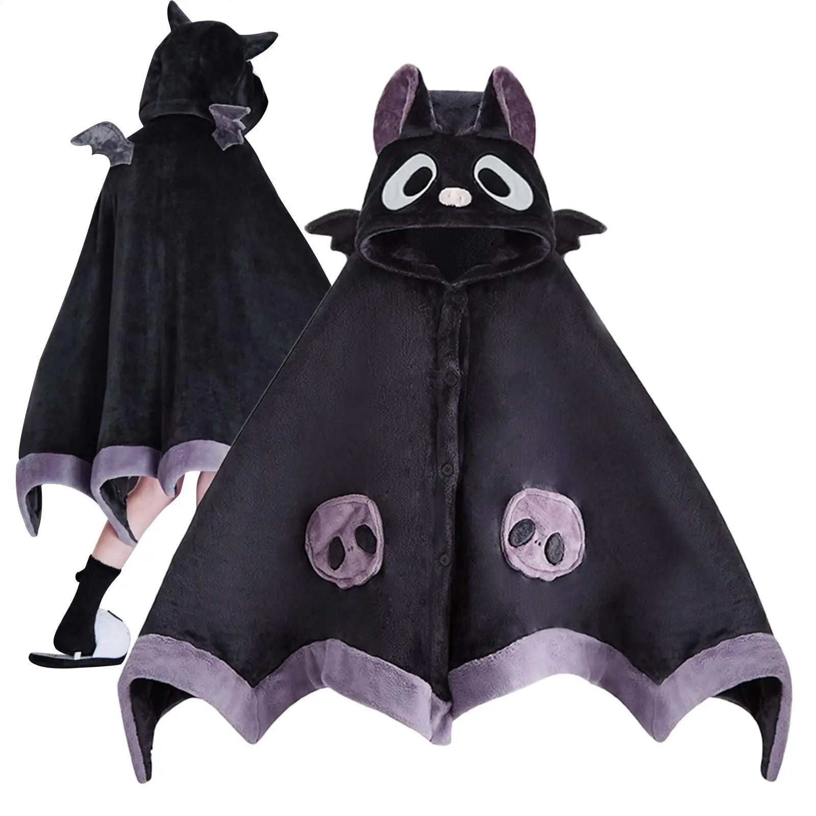 Halloween Hooded Blanket with Sleeves Bat-shaped Cape Women Wearable Air-conditioning Blanket Coral Fleece Cloak for Napping