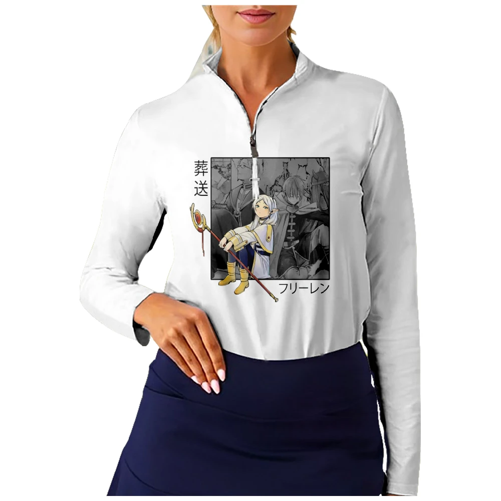 Frieren Anime Golf Shirt Women Long Sleeve Half Zip Breathable Quick Dry Tops Casual Sportswear