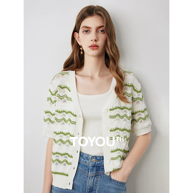 

TOYOUTH Women knitwear Tops 2024 Summer New Wave Striped Linen Single Breasted Button Short Sleeve V-neck Short Cardigan