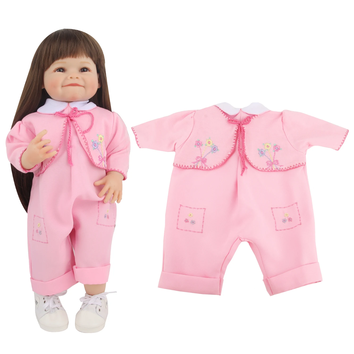 Pink Flower 55cm Doll Jumpsuits New Fake Two Pieces Clothes Outfit For 22 Inches Reborn Girl Dolls Toy Plush Toy's Clothing