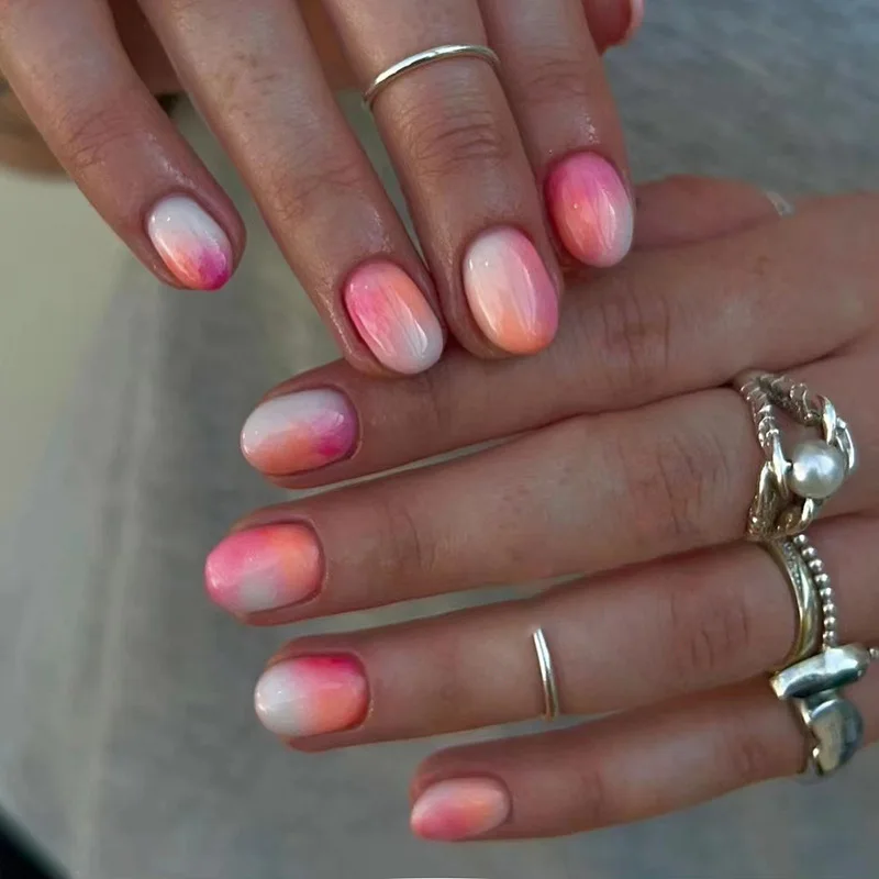 

24pcs Sunset French Press-On Nails - Peach to Pink Ombré Tips Short Oval Chic Gradient Style False Nail For Women Girl
