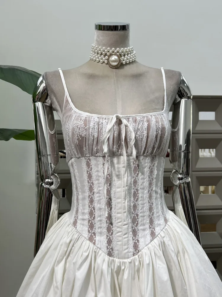 DFDG Vestido de encaje con cuello bajo y dobladillo abombado para mujer, minifalda de estética pura, cintura corsé, fiesta, noche, boda, primavera, verano 2025