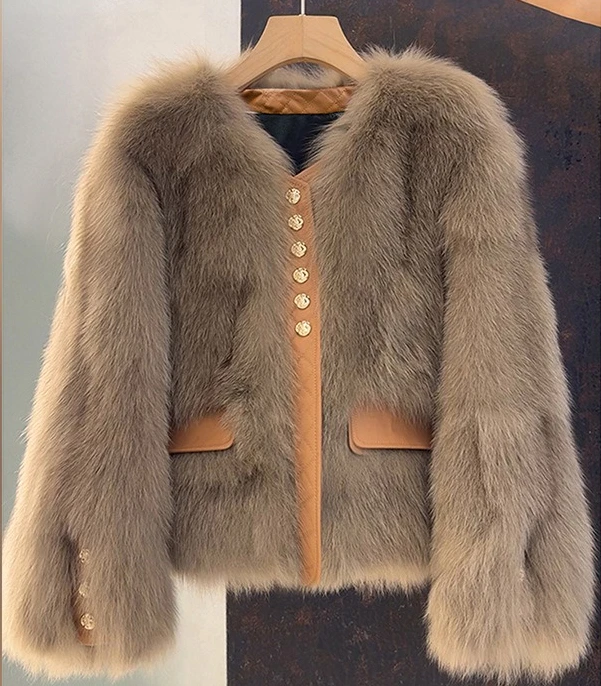 Spring Autumn Short Imitation Fur Coat Women's Single Breasted Pockets V-neck Linned Jackets Temperament Commuting Female Top