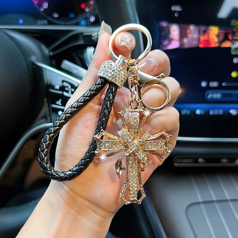 Fashion Cross Car Keychain Creative Alloy Diamond Braided Rope Bag Pendant Accessories Gifts
