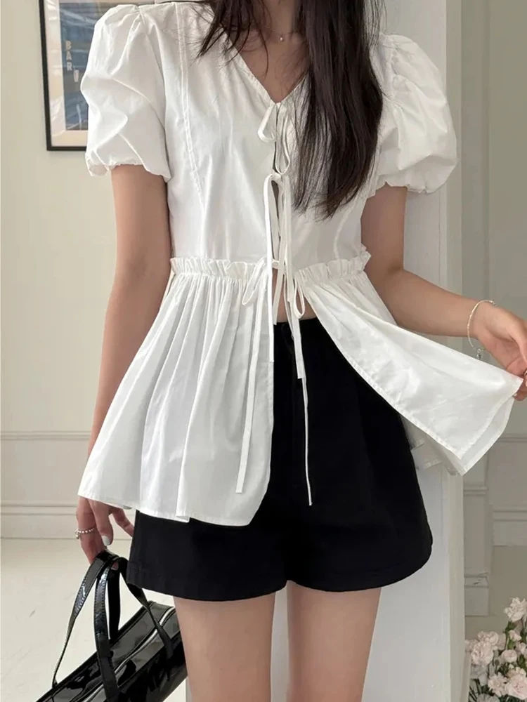 

White Chic V-Ne Bubble Sve irt Women's Summer Sle Bow Waist Pleated Hem Loose Fit Korean Version ort Sve Top