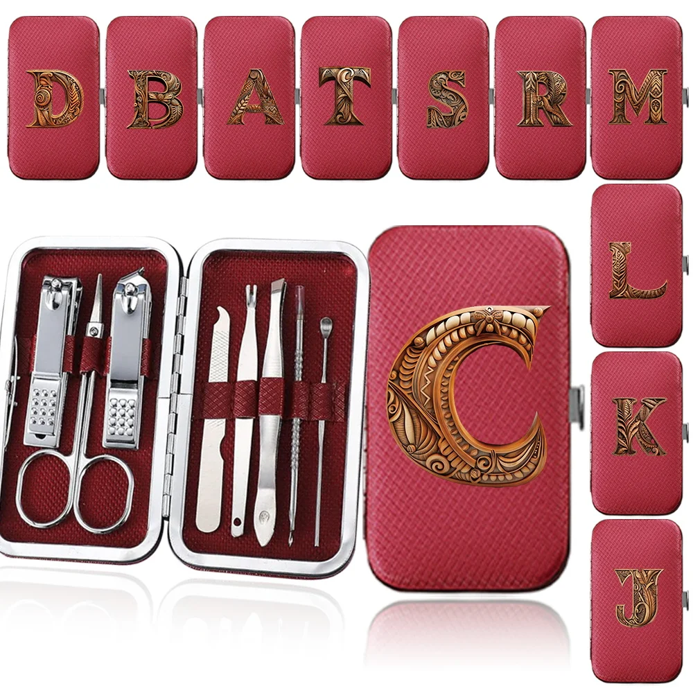 8Pcs Manicure Set Portable Stainless Steel Pedicure Nail Clippers Tools Case Pocket Grooming Travel Kit Wood Art Letter Pattern