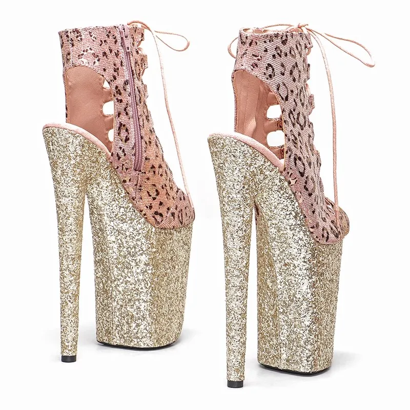 New 23CM/9inches Leopard Upper With glitter platform open toe Pole dance shoes High Heels Pole Dance boot