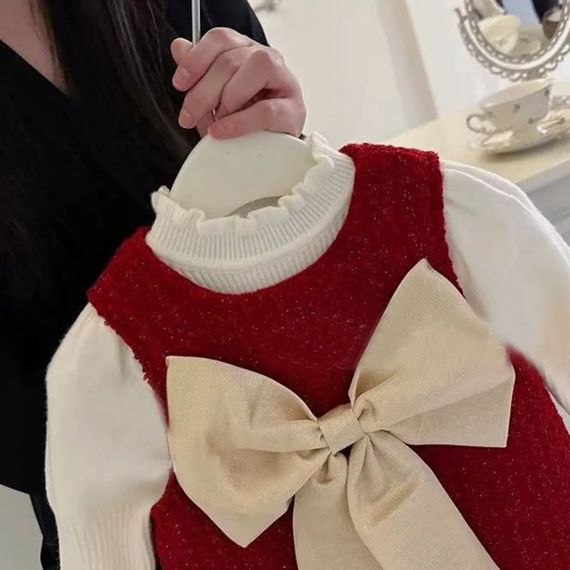 Winter Kids Girl Sundress Cotton Knotbow Children Girl Sleeveless Dress Korean Gauze Hem Toddler Infant Babys Girl Pincess Dress
