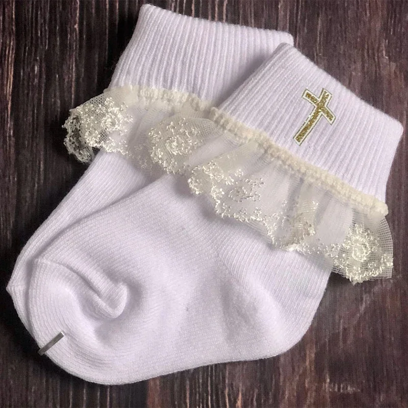 Cross white socks Baptism Christening church wedding Flower girl First 1st Communion birthday decoration favor baby shower gift