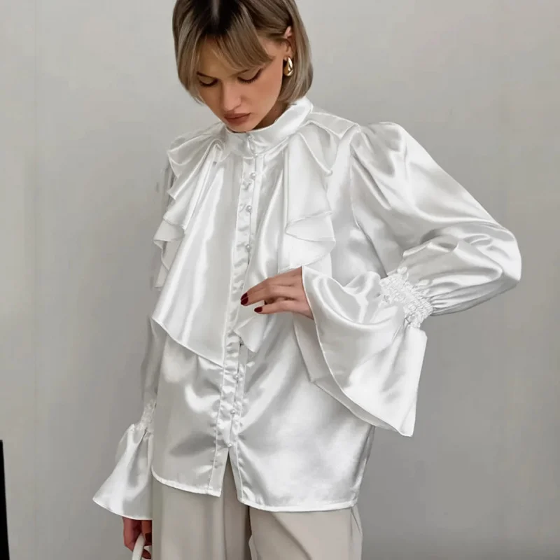 جديد الخريف الشتاء الفرنسية أنيقة بلوزة المرأة كشكش الوقوف طوق لامعة جرس كم قميص أنيق #3