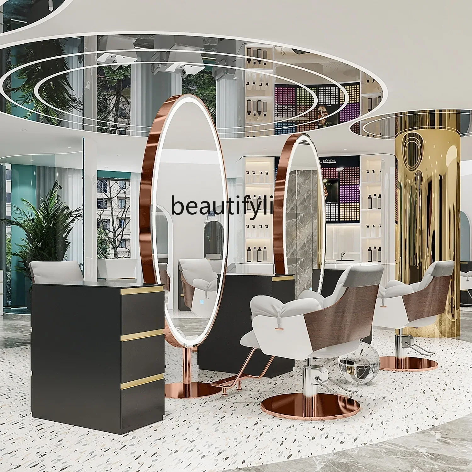 LBarber shop mirror table stainless steel floor mirror whole body, hair salon special hair double-sided mirror with light led