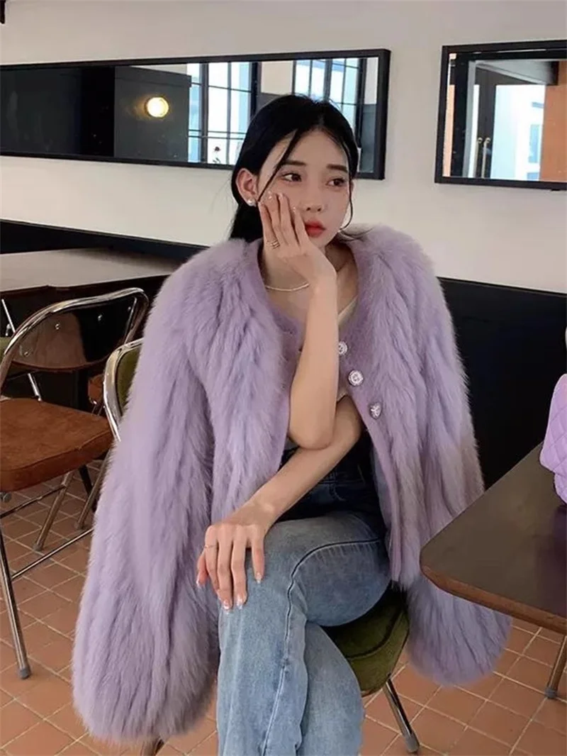 Purple Faux Fox Fur Jacket Eco-Friendly Fur Jacket For Women\'s 2024 Autumn/Winter New Faux Mink Fur Short Top Female Coat Pink