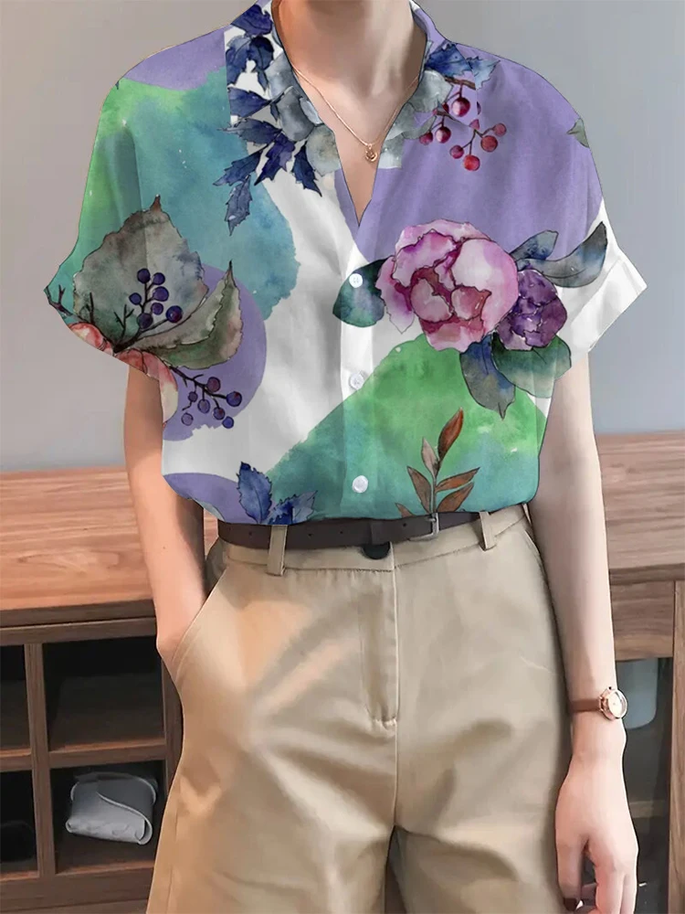 Summer Ladies Street Photography Short-Sleeved Shirt Ladies Casual Single-Breasted Loose Blouse Fashionable And Elegant Floral