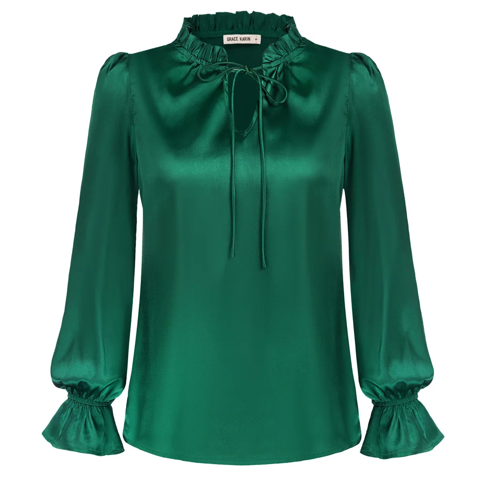 GRACE KARIN Women Ruffled Stand Collar Blouse Long Sleeve V-Neck Pullover Tops Office Lady Mock Neck Casual Work Shirt A30
