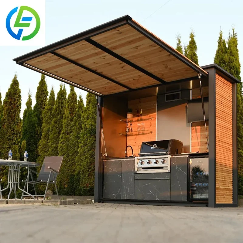 Outdoor Modern BBQ Kitchen Pod Pizza Oven Grill Sink Modular Aluminum Kitchen Cabinet Marble Countertop Mediterranean