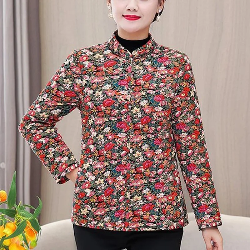 Womens Stand Collar Floral Quilted Jacket Winter Fleece Lined Warm Loose Mom Cotton Coat For Outer Inner Wear