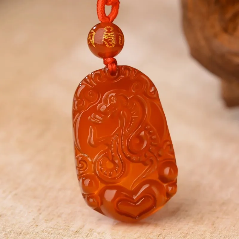 Natural Red Agate Zodiac Pendant Snake Ox Mouse Tiger Rabbit Dragon Horse Chicken Necklace for Men and Women Jade Pendant Zodiac view 4