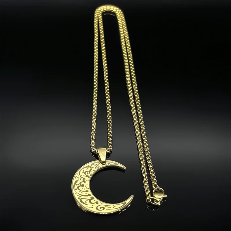 Crescent Moon Islamic Muslim Pendant Necklace for Women Men Stainless Steel Gold Color Arabic Quran Chain Amulet Jewelry Gift - view 5