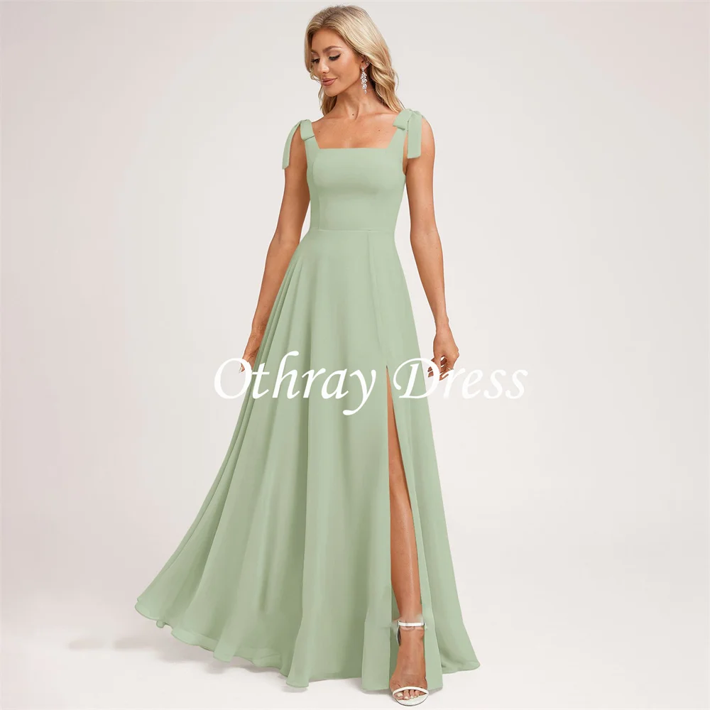 New A-line Bridesmaid Dress Square Neck Prom Dresses Chiffon Slit Party Dresses With Bow Vestidos De Fiesta فساتين السهرة