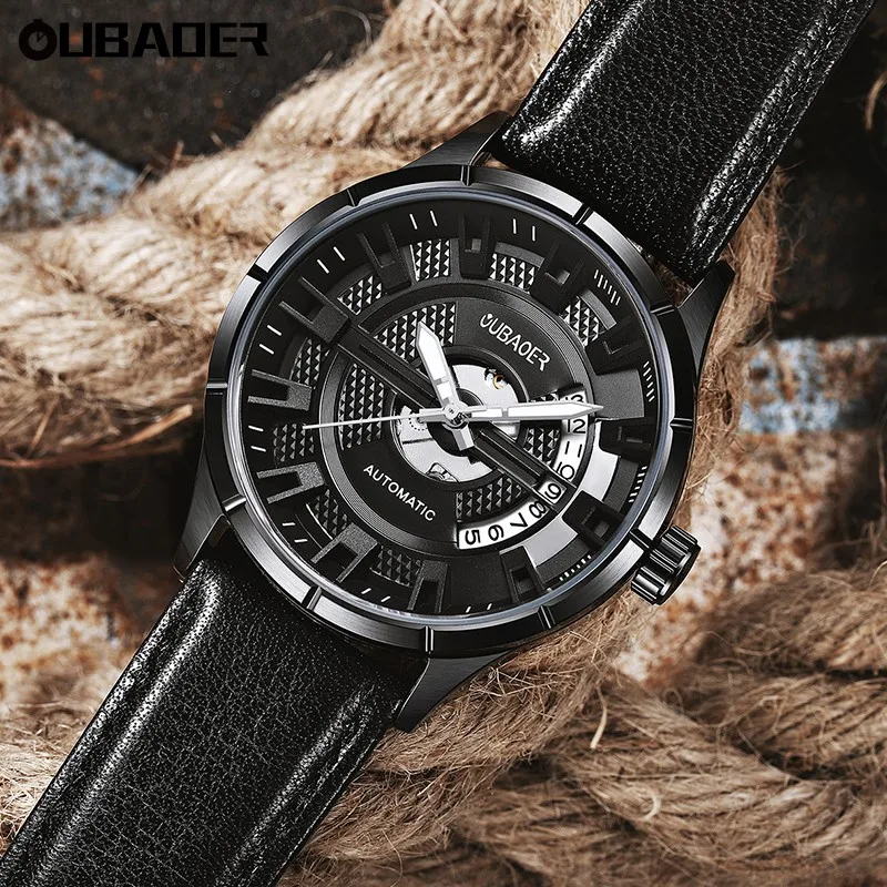 OUBAOER Men Engineer Series Automatic Mechanical Watch Genuine Leather Strap Dial Waterproof Industrial Business Wristwatch view 2