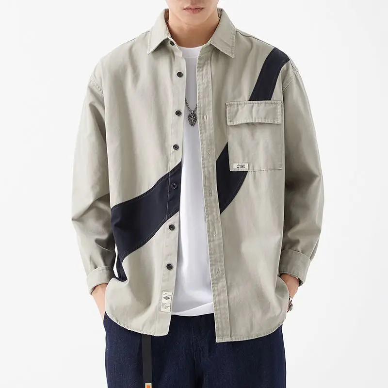 

Men Loose Retro Color Block Long Sleeve Shirt Casual Versatile Trendy Top