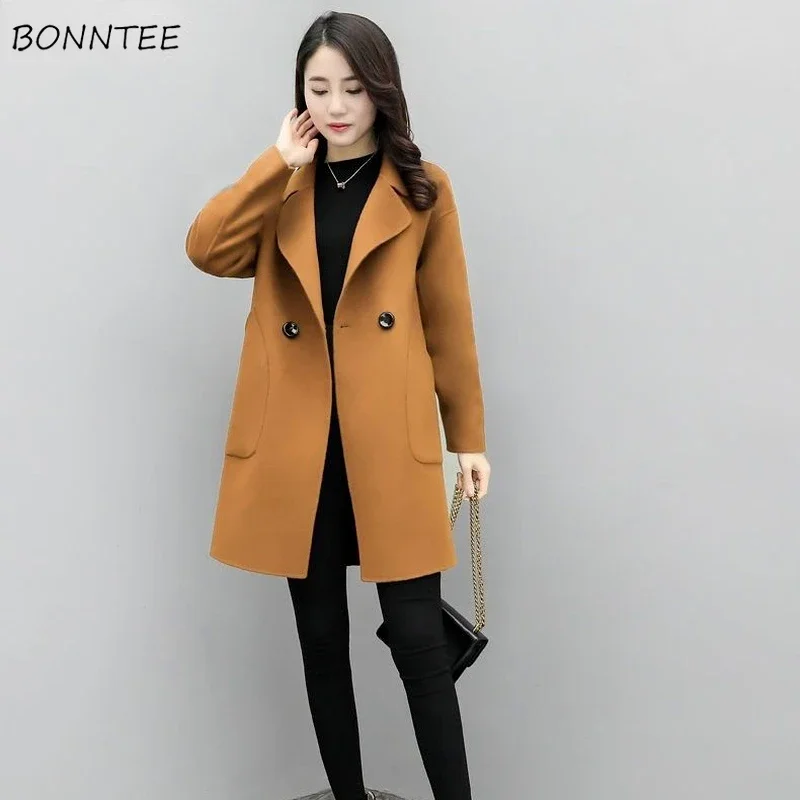 Stylish M-4XL Blends Women Solid Thicken Slim Fit Pockets Fall Winter Outerwear Female Overcoats Windproof Thermal Coat Tender